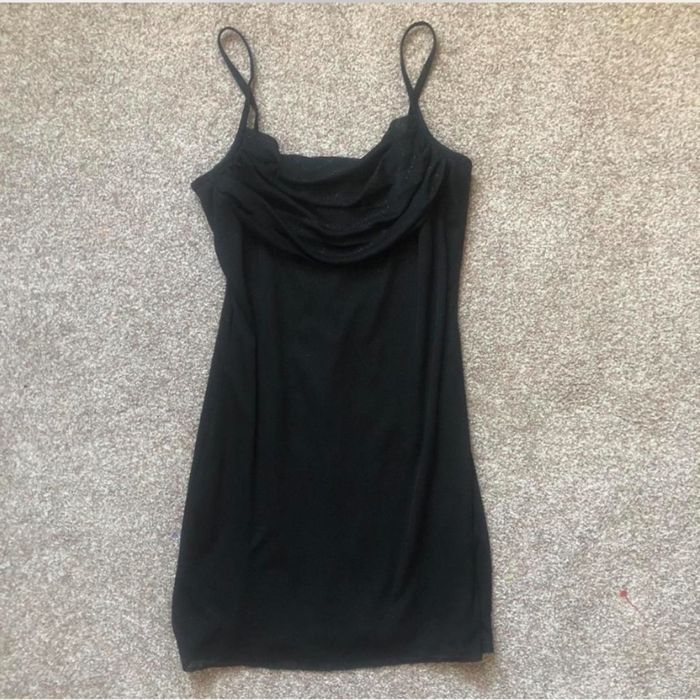 Vintage y2k sparkly black cowl neck mini dress